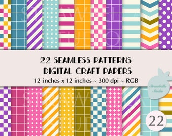 Multicolour Geometric Pattern Pack. Digital Crafting Papers. Stripes. Checkered. Grid Seamless Patterns. Dopamine Decor.