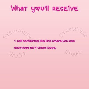 May include: Pink background with the text "What you'll RECEIVE" in a pink heart font. The text "Strawberry Studio" is written in a pink circle with a heart in the middle. The text "1 pdf containing the link where you can download all 4 video loops." is written in black text.
