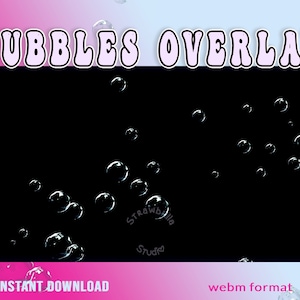 Puede incluir: Un fondo negro con burbujas blancas flotando hacia arriba. El texto "BUBBLES OVERLAY" está en la parte superior de la imagen en letras rosas con un contorno negro. El texto "INSTANT DOWNLOAD" está en la parte inferior izquierda de la imagen en letras blancas con un contorno negro. El texto "webm format" está en la parte inferior derecha de la imagen en letras blancas con un contorno negro.