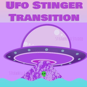 May include: A purple UFO with a white dome and a green alien peeking out from a purple mountain. The UFO is flying over a blue and turquoise wavy water surface. The text "UFO STINGER TRANSITION" is at the top of the image and "STRAWBELLA STUDIO" is at the bottom.