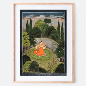 Indische Kunst, indische Wandkunst, indische Rajasthani-Miniaturmalerei, Wohnzimmerdekor, bedruckbare indische Vintage-Malerei, indisches Poster