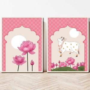 Indian Art, Indian Lotus and Cow wall Art, Indian Lotus Painting,Living Room decor, Printable,Indian Vintage Painting,Indian Poster Set of 2