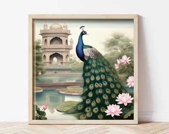 Peacock Lotus Pond Art: Vintage Pichwai Painting (Digital Download)