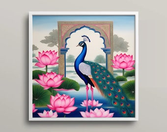 Peacock Lotus Painting: Vintage Pichwai Art Print (Digital Download)