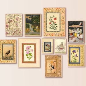 Indische Kunst, indische Vintage Wandkunst, indische Mughal Miniaturmalerei-Set mit 10 Stück, Wohnzimmerdekor, indische Vintage Malerei, indisches Poster-Set