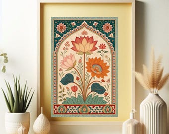 Indian Pichwai Art: Lotus Flower Vintage Print (Digital Download)