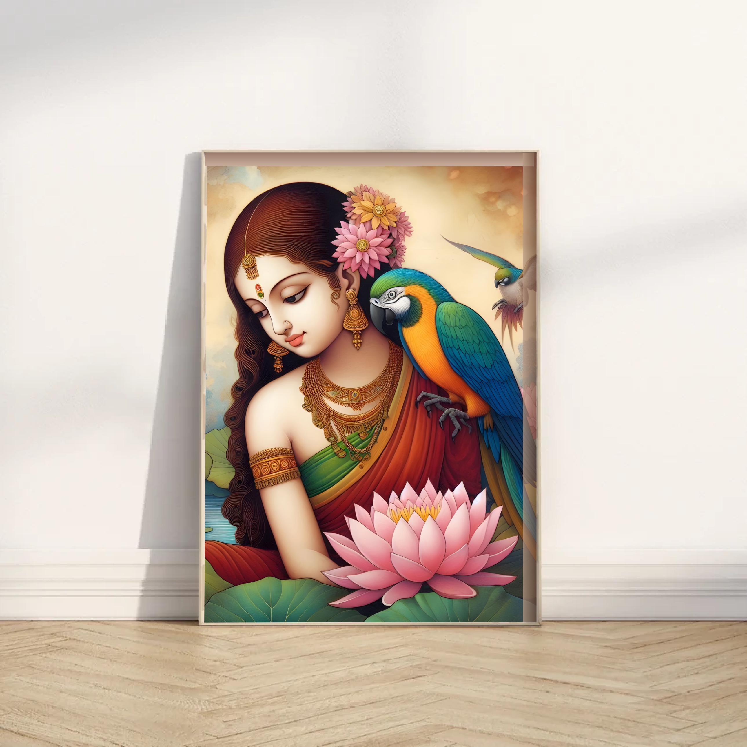 Indian Girl Art, Indian wall Art, Indian woman with Flower, Girl with Flowers, Printable Art, Indian Vintage Painting, Indian Girl with Bird
