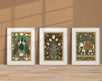 Indian Folk Art, Indian Pichawai Art set of 3, Indian Lotus Print, Peacock Wall Art, Indian Art, Vintage Art Print, Traditional Indian Art