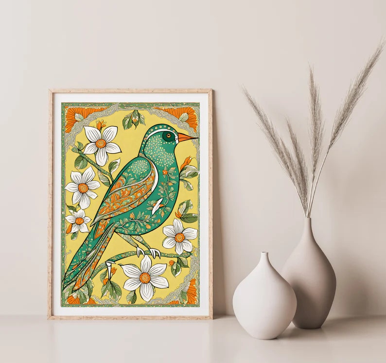 May include: A framed print of a green and orange bird with white flowers on a yellow background.
