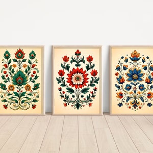 Indian Folk Art, Indian Floral Art, Floral Pattern set of 3, Indian Wall Art, Indian Art Print, Traditional Indian Art, Living Room decor