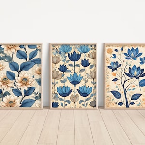 Indian Folk Art, Indian Floral Art, Floral Pattern set of 3, Indian Wall Art, Indian Art Print, Traditional Indian Art, Living Room decor
