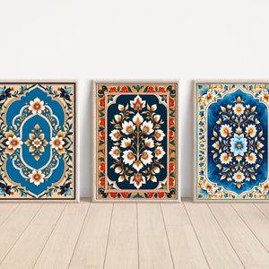 Indian Folk Art, Indian Floral Art, Floral Pattern set of 3, Indian Wall Art, Indian Art Print, Traditional Indian Art, Living Room decor