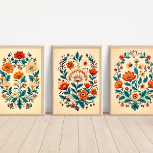 Indian Folk Art, Indian Floral Art, Floral Pattern set of 3, Indian Wall Art, Indian Art Print, Traditional Indian Art, Living Room decor