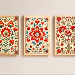 Indian Folk Art, Indian Floral Art, Floral Pattern set of 3, Indian Wall Art, Indian Art Print, Traditional Indian Art, Living Room decor