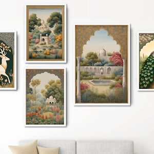 Indische Kunst Set von 5, indische Wandkunst, indischer Rajasthani Miniaturmalerei, Wohnzimmerdekor, bedruckbar, indische Vintage Malerei, indisches Plakat