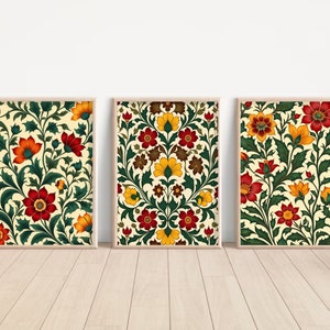 Indian Folk Art, Indian Floral Art, Floral Pattern set of 3, Indian Wall Art, Indian Art Print, Traditional Indian Art, Living Room decor