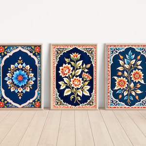 Indian Folk Art, Indian Floral Art, Floral Pattern set of 3, Indian Wall Art, Indian Art Print, Traditional Indian Art, Living Room decor