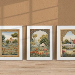 Indische Kunst 3er Set, indische Wandkunst, indischer Rajasthani Miniaturmalerei, Wohnzimmerdekor, bedruckbar, indische Vintage Malerei, indisches Plakat