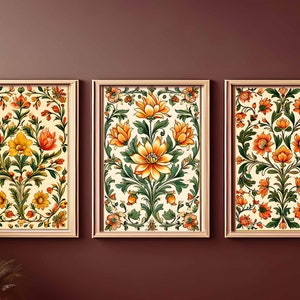 Indian Folk Art, Indian Floral Art, Floral Pattern set of 3, Indian Wall Art, Indian Art Print, Traditional Indian Art, Living Room decor