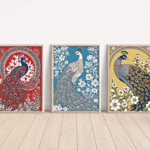 Indian Peacock Art, Indian Pichawai Art, Peacock set of 3, Indian Wall Art, Indian Art Print, Traditional Indian Art, Living Room decor