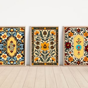 Indian Folk Art, Indian Floral Art, Floral Pattern set of 3, Indian Wall Art, Indian Art Print, Traditional Indian Art, Living Room decor