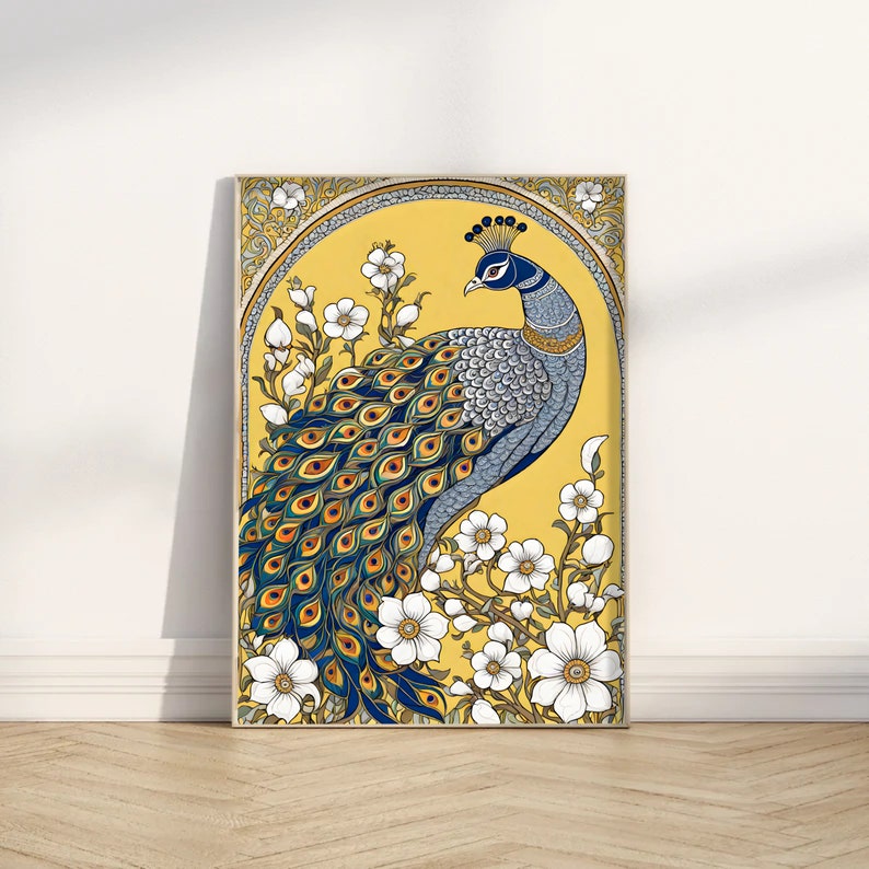 May include: A peacock with a blue head and neck, a gray body, and a green and yellow tail feathers. The peacock is standing in a yellow circle surrounded by white flowers. The background is a yellow and gold frame with a floral design.
