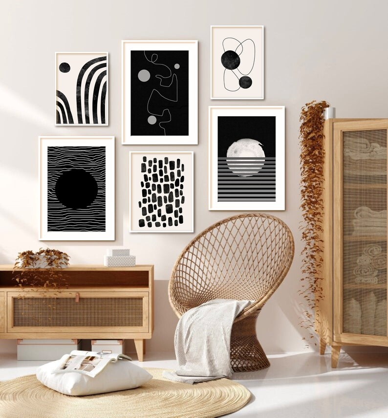 Abstract Black and White Art Prints Set of 6: Mid-century Modern ...