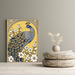 May include: A framed illustration of a blue and green peacock with a yellow background. The peacock is surrounded by white flowers. The frame is a light brown wood.