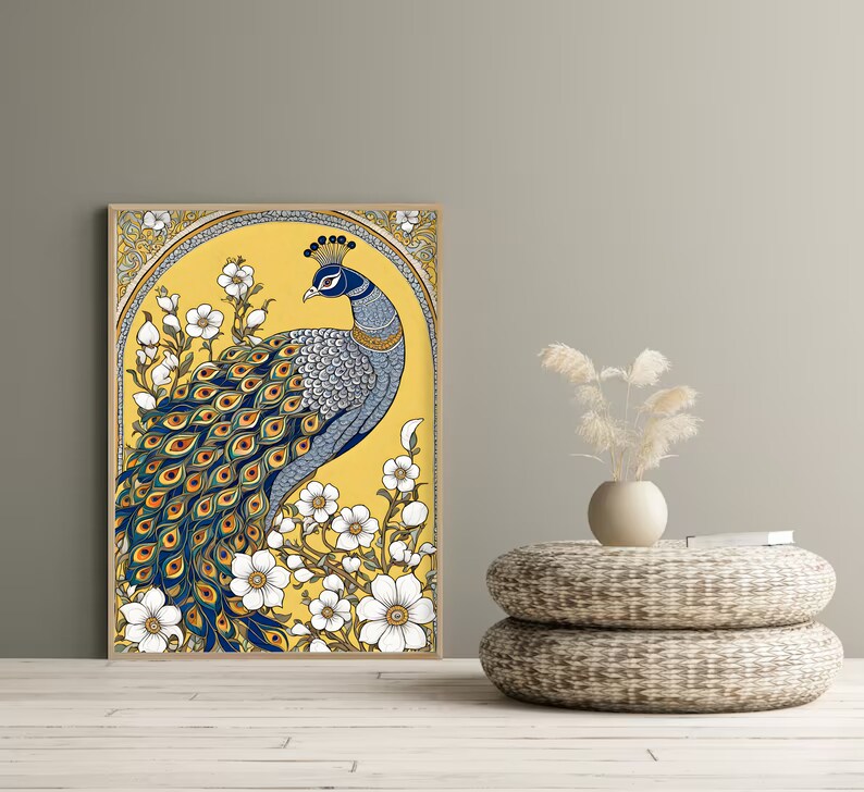 May include: A framed illustration of a blue and green peacock with a yellow background. The peacock is surrounded by white flowers. The frame is a light brown wood.