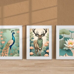 Indian Folk Art, Indian Animal Art, Floral Pattern set of 3, Indian Wall Art, Indian Art Print, Traditional Indian Art, Living Room decor