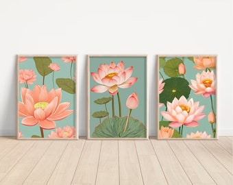 Indian Art, Indian Lotus wall Art, Set of 3, Indian Lotus Painting, Living Room decor, Lotus Print Set, Painting, Indian Pichhawai Art