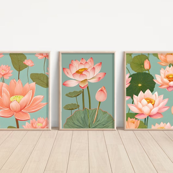 Indian Art, Indian Lotus wall Art, Set of 3, Indian Lotus Painting, Living Room decor, Lotus Print Set, Painting, Indian Pichhawai Art