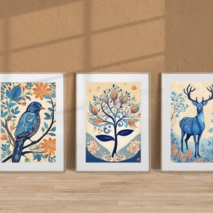 Indian Folk Art, Indian Animal Art, Floral Pattern set of 3, Indian Wall Art, Indian Art Print, Traditional Indian Art, Living Room decor
