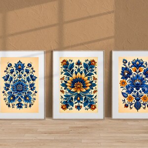 Indian Folk Art, Indian Floral Art, Floral Pattern set of 3, Indian Wall Art, Indian Art Print, Traditional Indian Art, Living Room decor