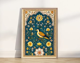 Pichwai Art Print: Peacock & Lotus Flower Vintage Poster (Digital Download)
