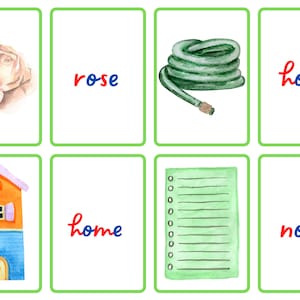 May include: Four flashcards with images and words. The first card shows a pink rose with the word "rose" written below. The second card shows a green garden hose with the word "hose" written below. The third card shows a small orange and blue house with the word "home" written below. The fourth card shows a green notepad with the word "note" written below.