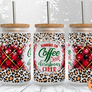 16 oz Libbey Glass Can Tumbler Run On Coffee And Christmas Cheer PNG Sublimation Designs, Christmas Words, Buffalo Plaid, Instant Download