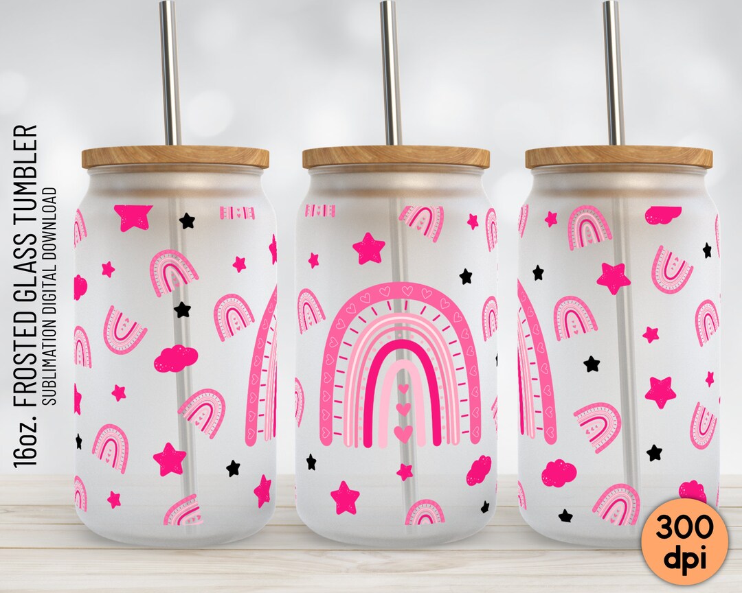 16 Oz Frosted, Libbey Glass Can Tumbler Valentine Boho Rainbow PNG ...