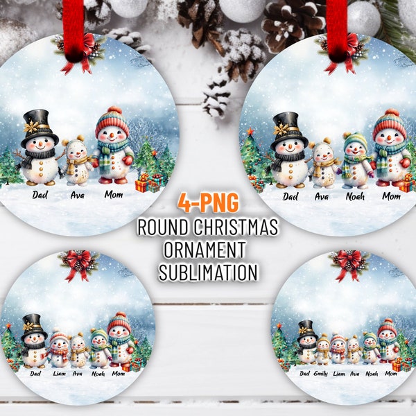 Snowman Family Christmas Ornament, Round Ornament Png, Family Christmas Ornament, PNG Bundle Designs Digital Download