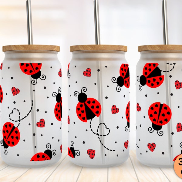 16 oz Frosted, Libbey Glass Can Tumbler Valentine Love Bug PNG Sublimation Designs, Lady Bugs, Valentine Hearts Beer Glass Digital Download