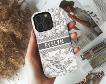 Designer Toile iPhone 15 Hülle mit personalisiertem Namen, Graue Desiger Toile iPhone 15 14 13 12 11 Pro Mini Plus Hülle, Geschenk für Sie