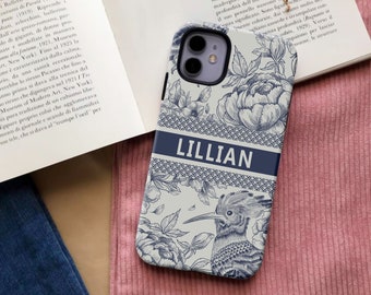 Blue Toile iPhone Case With Personalized Name, Toile iPhone 15 14 13 12 11 Pro Mini Plus Case, Gift For Her