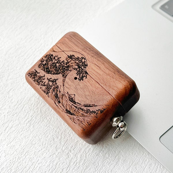 Wooden Airpods Case, Great Wave Black Walnut AirPods Case, Custom Design AirPods Case, AirPods Pro 2 Case With Keychain, AirPods 2 Case
