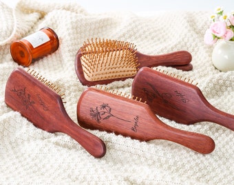 Brosse à cheveux en bois avec fleur de naissance personnalisée, cadeau fête des mères, cadeau prénom personnalisé pour maman/grand-mère/elle, cadeau meilleure maman