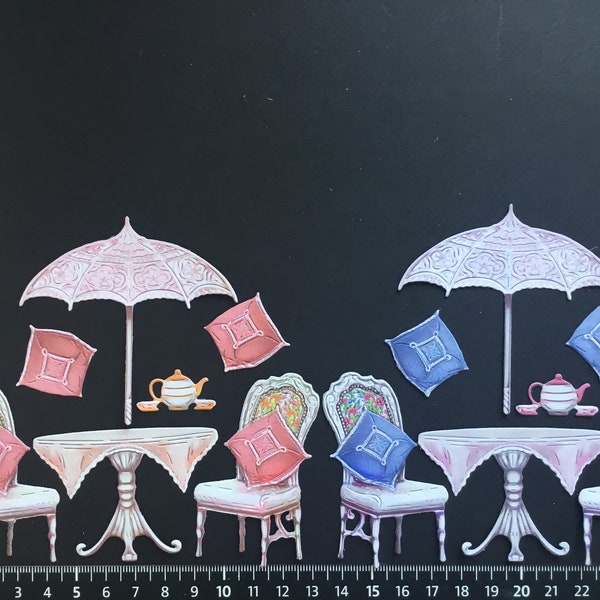 patio table and chairs with parasol die cuts x 2 sets, card making, journaling