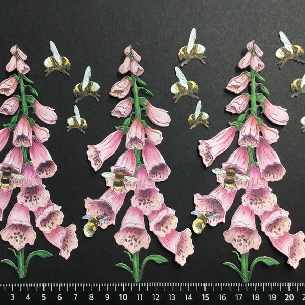 Pink foxglove flowers with bees die cuts x 3, card making, crafts, paper crafts, scrapbooking, birthdays