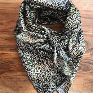 LEOPARD WILDRAG SCARF/ Gold Brown Black wild rag scarf / Western wear / head scarf / hair accessories /Hand made/ Poly satin