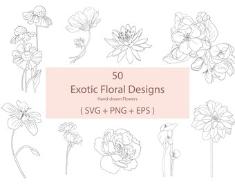 50 Exotic Floral Svg Bundle | Floral svg |Flower Svg | Flower Clipart | floral leaves and branches svg| Outlines | Commercial use included