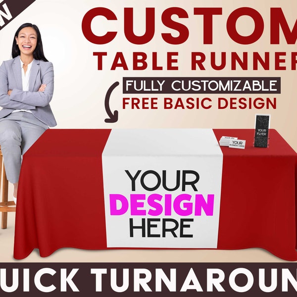 Custom Table Runner for Events, Trade Shows, Birthdays, Weddings, Parties - Free Overnight Shipping - Free Design and Proof