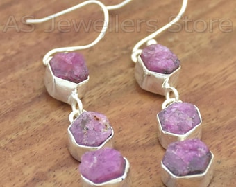 Pendientes de rubí natural en bruto, joyería de plata de ley 925, pendientes de rubí rosa en bruto